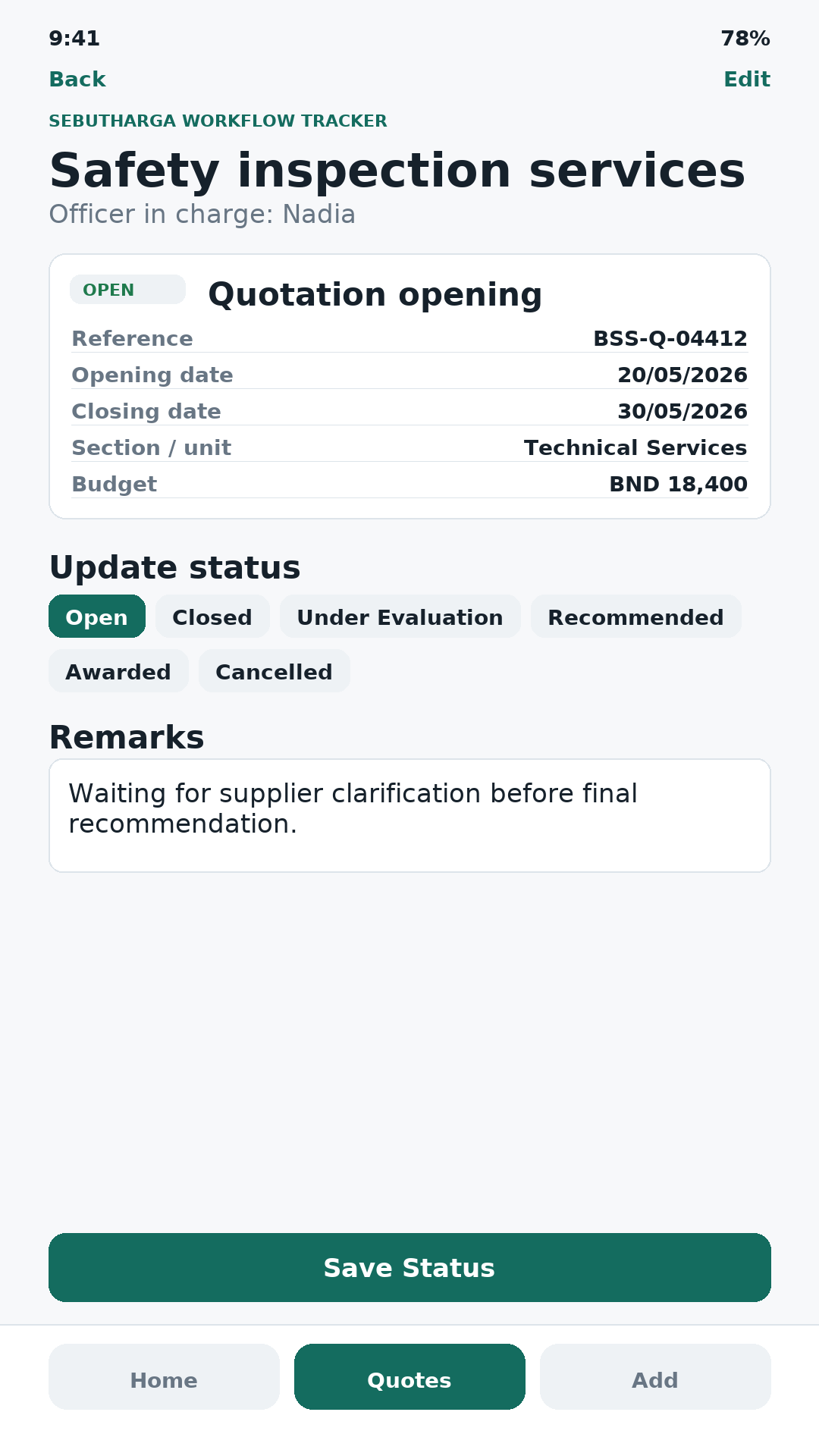 Quotation detail and status update screenshot