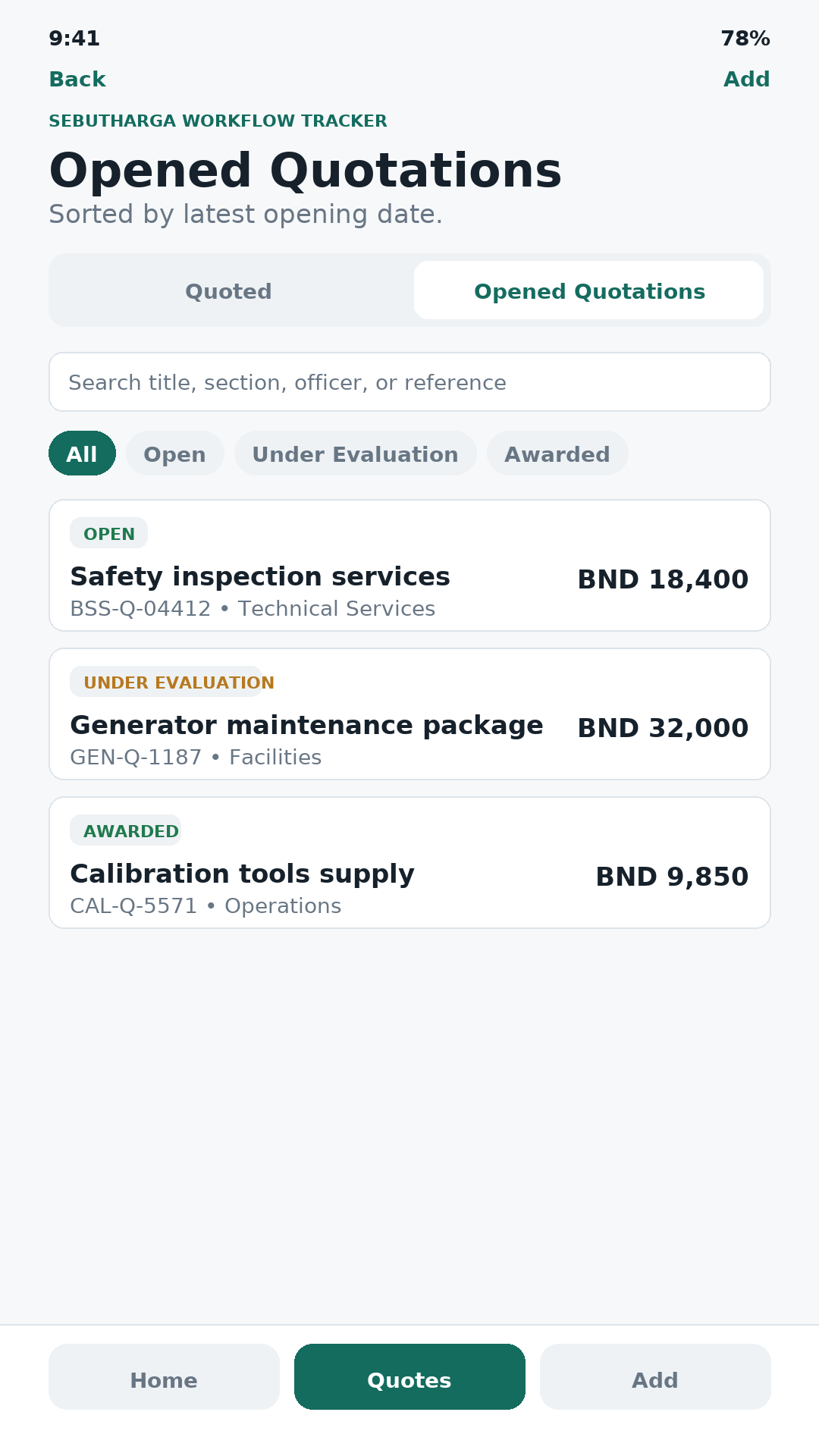 Quotation list search and filters screenshot