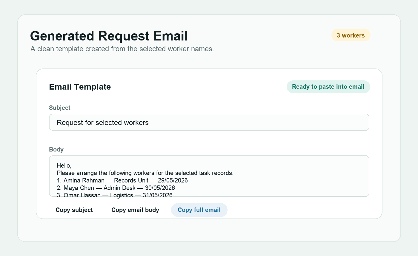 Generated worker request email draft screenshot