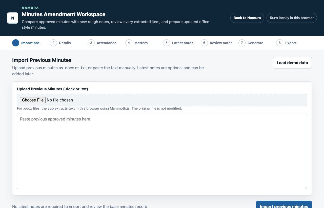 Minutes Amender import workspace screenshot