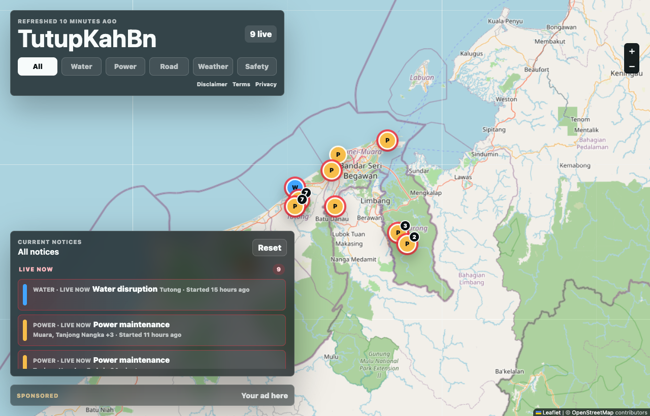 TutupKahBn map and public notice feed screenshot