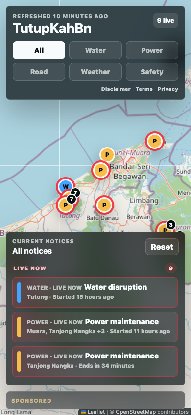 Mobile TutupKahBn filters, map pins, and current notices