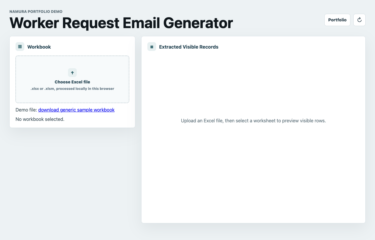 Worker Request Email Generator upload workspace screenshot
